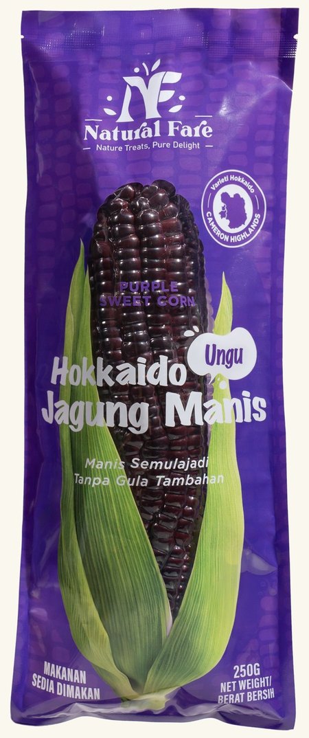 The Natural Fare Purple Sweet Corn pack, the corn visible through its clear window